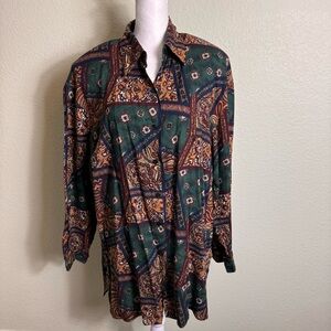 VTG Basic Editions Women's Blouse Size M Button Up Long Sleeve Green Red Yellow